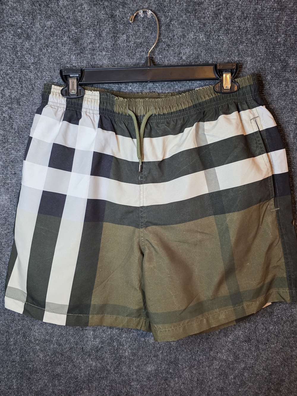 Burberry Olive and White Check Swim Trunks Large